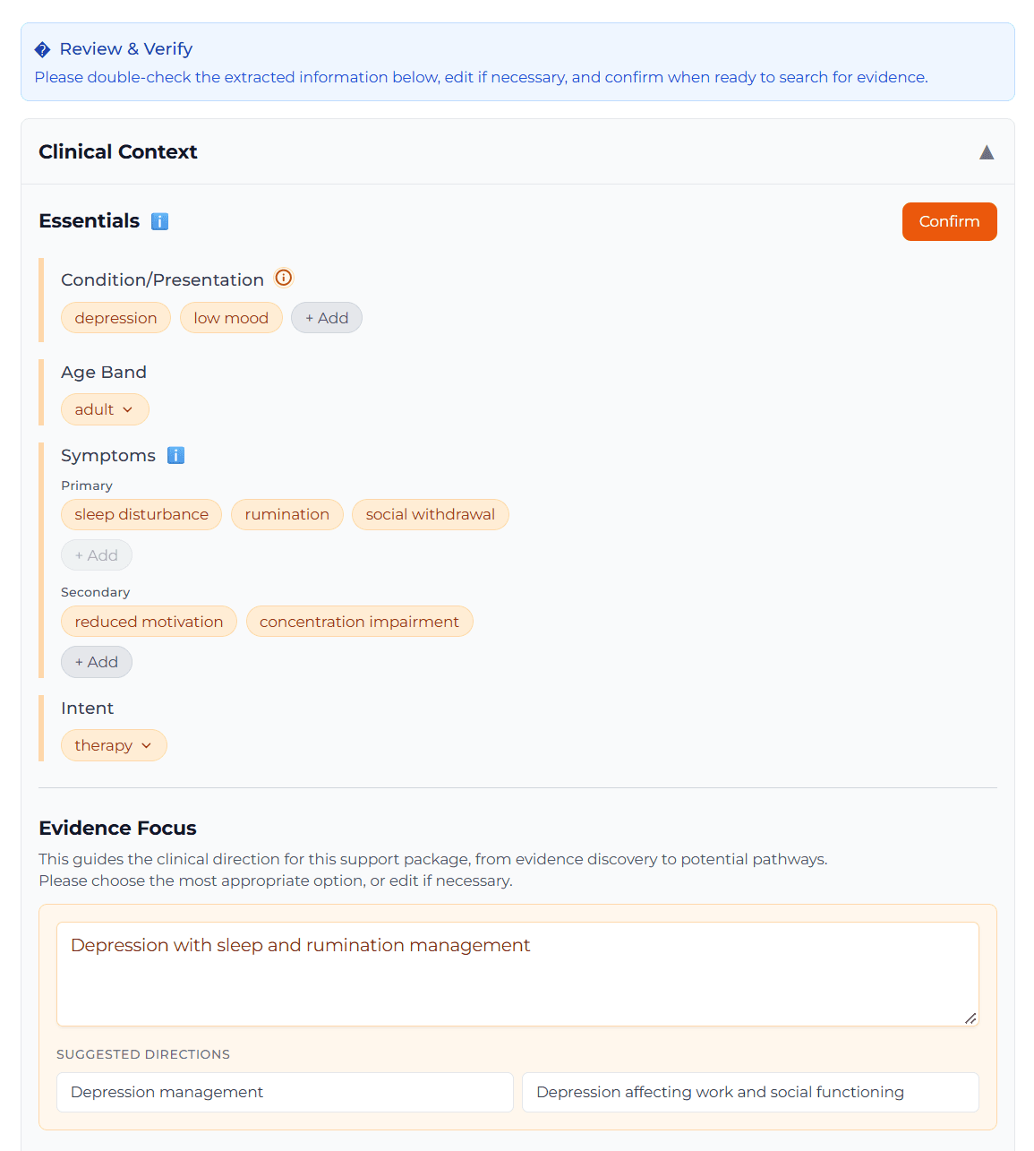 SYMALA context review showing depression and low mood, an adult age band, sleep disturbance, rumination and social withdrawal as primary symptoms, editable Evidence Focus and the clinician Confirm button