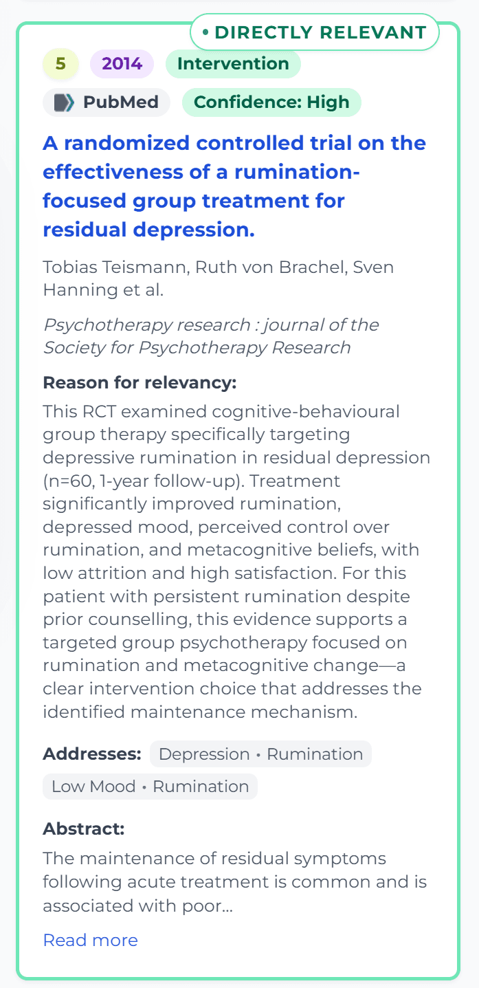 Ranked psychology paper showing directly relevant status, a case-specific relevance rationale, matched depression and rumination combinations, publication details and abstract